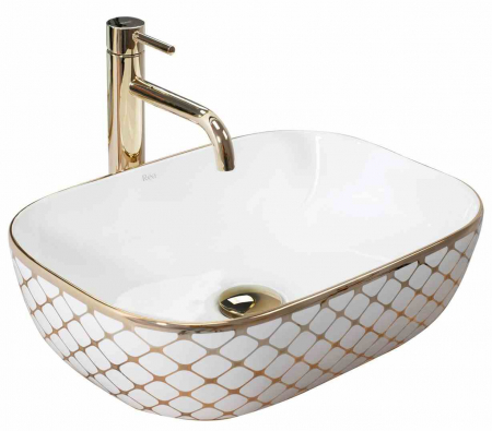 Lavoare pe blat - Lavoar pe blat formă dreptunghiulară lungime 46 cm culoare alb/auriu model Belinda Diamond White Gold