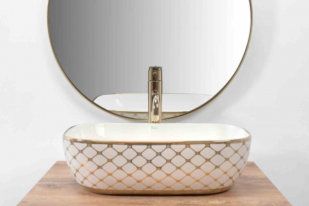 Lavoar pe blat formă dreptunghiulară lungime 46 cm culoare alb/auriu model Belinda Diamond White Gold [2]