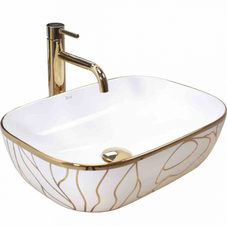 Lavoare pe blat - Lavoar baie pe blat formă dreptunghiulară lungime 46 cm culoare alb/auriu model Belinda Wave White Gold