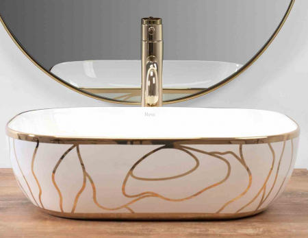 Lavoar baie pe blat formă dreptunghiulară lungime 46 cm culoare alb/auriu model Belinda Wave White Gold [2]