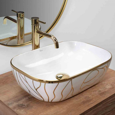 Lavoar baie pe blat formă dreptunghiulară lungime 46 cm culoare alb/auriu model Belinda Wave White Gold [1]