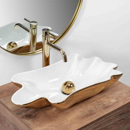 Lavoar pe blat formă neregulată lungime 62 cm culoare alb/auriu model Infinity White Gold [1]