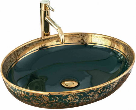Lavoare pe blat - Lavoar baie pe blat formă ovală lungime 52 cm culoare multicolor model Margot Green Gold