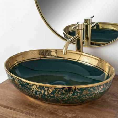 Lavoar baie pe blat formă ovală lungime 52 cm culoare multicolor model Margot Green Gold [1]