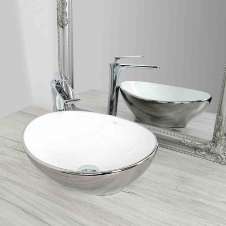 Lavoar baie pe blat formă ovală lungime 41 cm culoare crom/alb model Sofia Silver White [2]