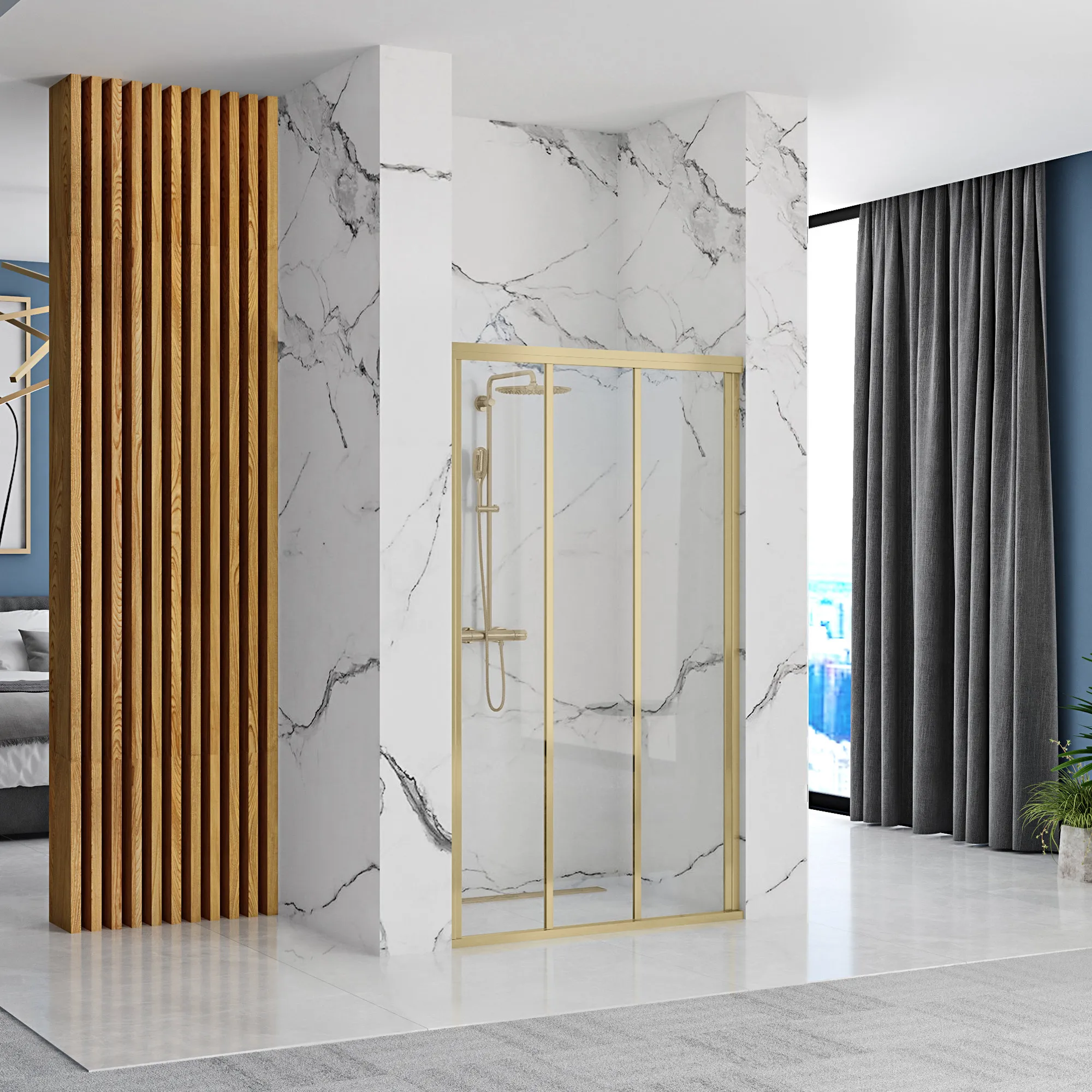 Ușă cabină duș culisantă 90 cm finisaj auriu periat sticlă securizată de 4 mm model Alex Brush Gold [1]