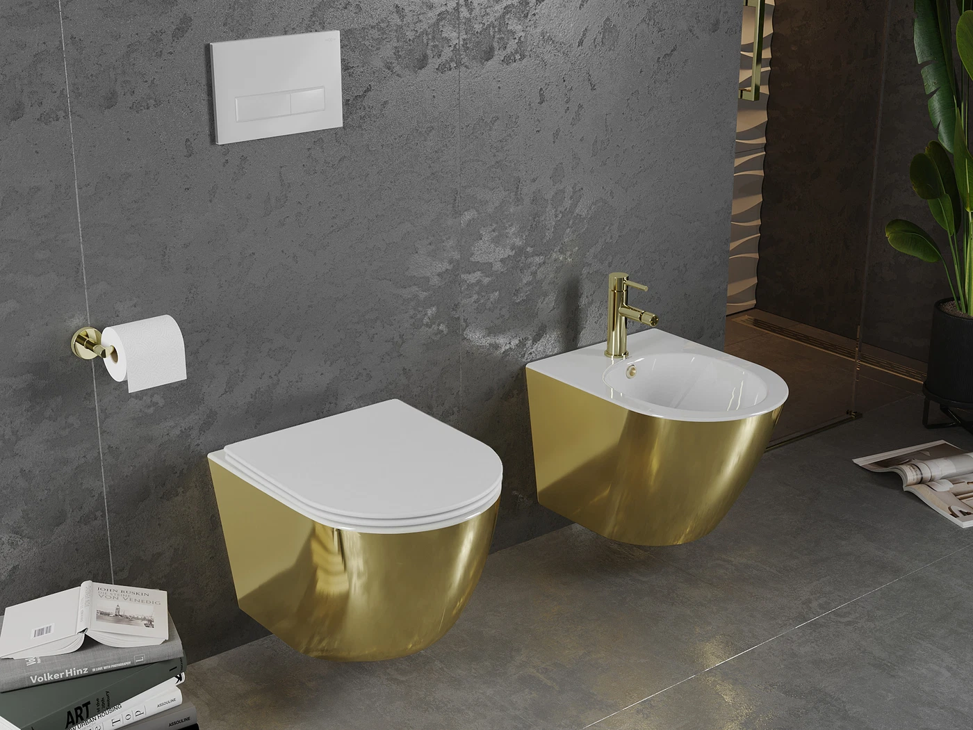 Vas wc suspendabil Rimless cu capac slim cu închidere lentă culoare alb/auriu model Lensa [1]