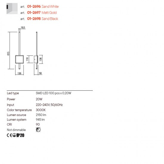 Aplica RED. Diaz ALB 20W aurie  3000K [2]