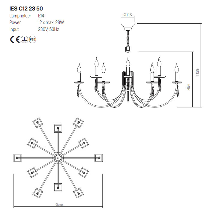 LUSTRA ELISIR LED AUR 12XE14, D.92 CM IES C12 23 50 [2]