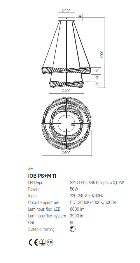 LUSTRA OBLIGE LED 60W 3000K D400+600MM AUR [2]