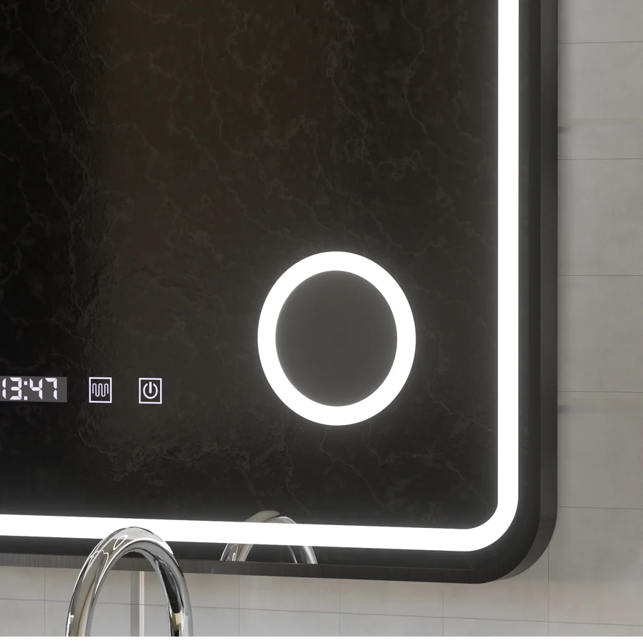 Oglinda LED Touch Sistem Dezaburire, Ceas si Temperatura 60x80 cm Rama Negru  Lupa Cosmetica [3]
