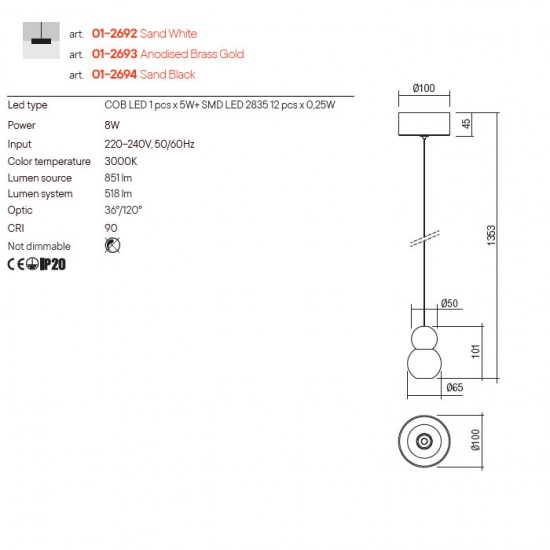 PENDUL LED AOBA ALB/AUR 1X8W LC [3]