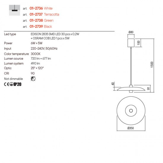 PENDUL LED LARS  NEGRU 6W+5W D350 LC [2]