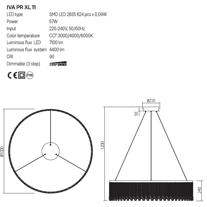 SUSPENSIE VANESIA LED 57W, 4400 lumeni, 3000K/4000K/6000K, D.100 cm, IVA PR XL 11 [2]
