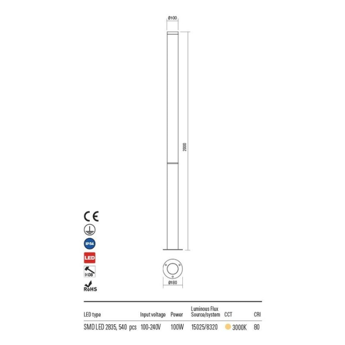 Stalp exterior HINT gri inchis, LED 100W, 11520 lm, 3000K, IP54, Redo [2]