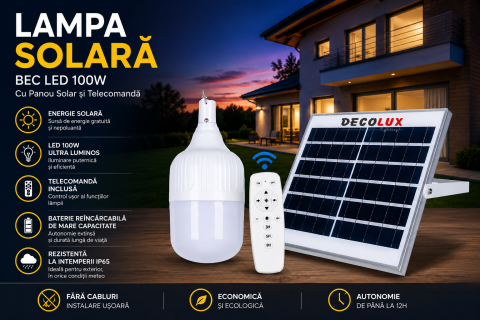 ■  ILUMINAT DE EXTERIOR - LAMPA SOLARA, BEC LED 100W - Cu Panou Solar si Telecomanda