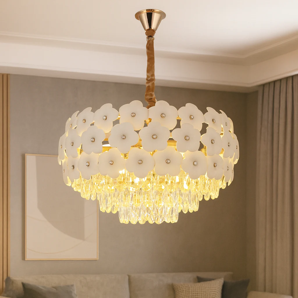 CANDELABRE MODERNE & PENDULE - LUSTRA ELEGANTA DE CRISTAL CU FLORI DECORATIVE DIN PORTELAN 10XE27