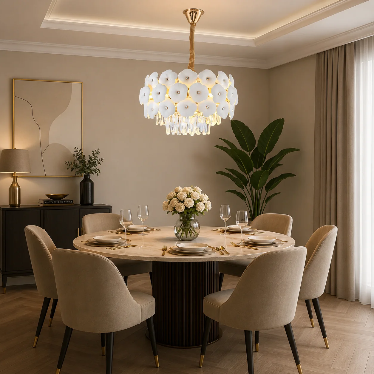 CANDELABRE MODERNE & PENDULE - LUSTRA ELEGANTA DE CRISTAL CU FLORI DECORATIVE DIN PORTELAN 10XE27