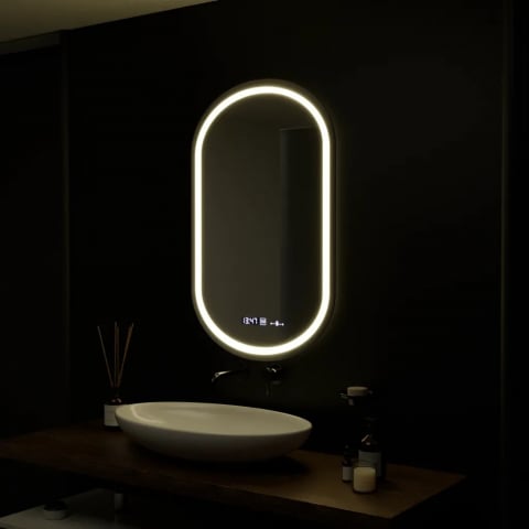 ■ OGLINZI LED - OGLINDA LED cu dezaburire - Termometru - Ceas; Dimabila (50X80) OVALA