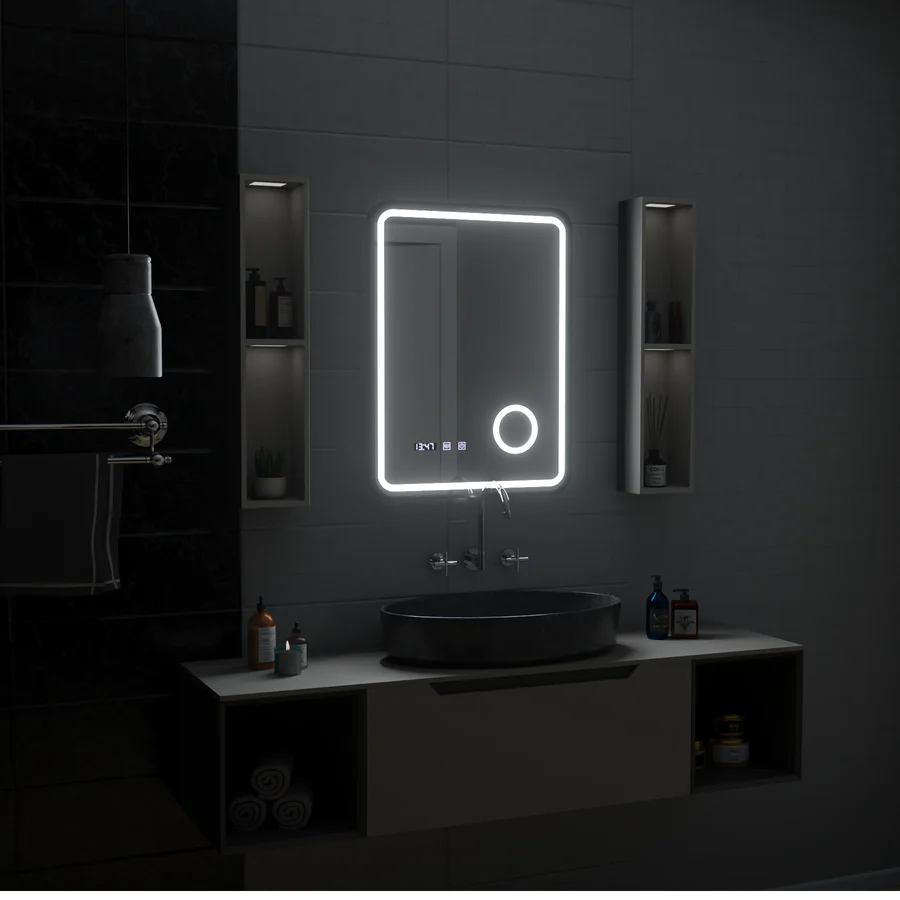 Oglinda LED Touch Sistem Dezaburire, Ceas si Temperatura 60x80 cm Rama Negru  Lupa Cosmetica [1]