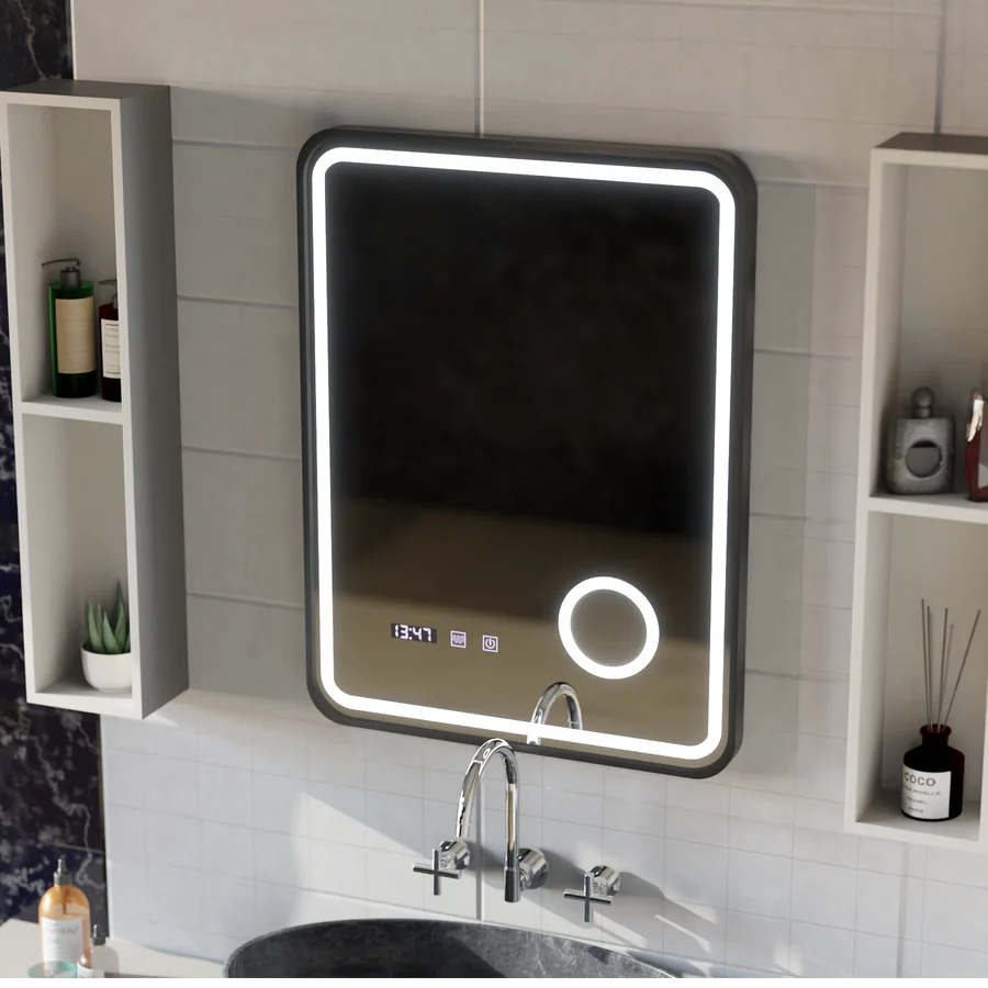 Oglinda LED Touch Sistem Dezaburire, Ceas si Temperatura 60x80 cm Rama Negru  Lupa Cosmetica [3]