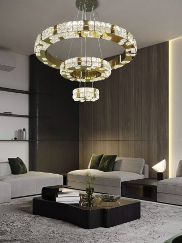 ■ ILUMINAT DE INTERIOR - pPPENDUL CRISTAL 3 CERCURI AURIU