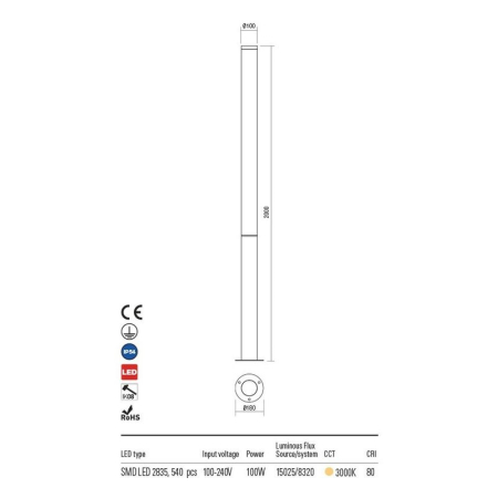 Stalp exterior HINT gri inchis, LED 100W, 11520 lm, 3000K, IP54, Redo [1]