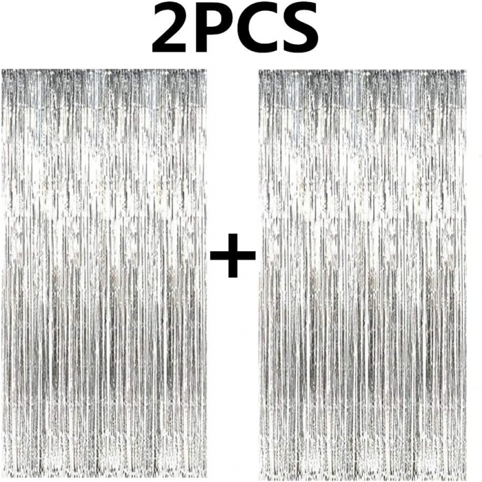 Set 2 bucati perdea decorativa franjuri, din folie, fundal foto pentru petreceri, argintiu metalizat [5]