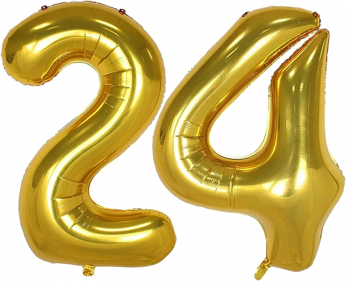 Set 7 baloane folie aniversare 24 ani, folie figurina Tort, zi de nastere, 2 baloane folie rotunde Happy Birthday, 2 stelute aurii si cifre folie aurii [2]