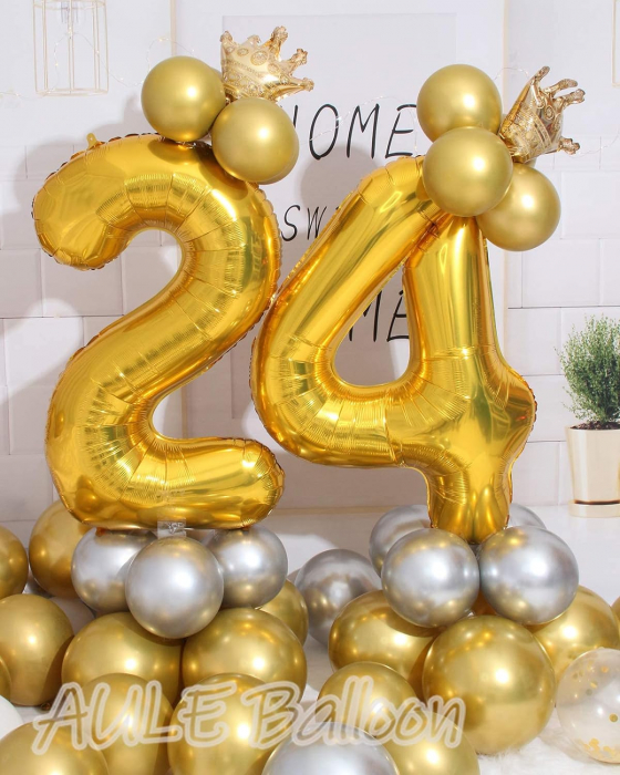 Set 7 baloane folie aniversare 24 ani, folie figurina Tort, zi de nastere, 2 baloane folie rotunde Happy Birthday, 2 stelute aurii si cifre folie aurii [4]