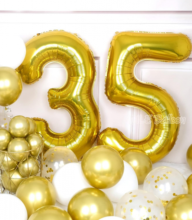 Set 7 baloane folie aniversare 35 ani, folie figurina Tort, zi de nastere, 2 baloane folie rotunde Happy Birthday, 2 stelute aurii si cifre folie aurii [3]