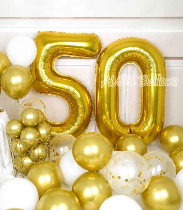 Set 7 baloane folie aniversare 50 ani cu heliu, folie figurina Tort, zi de nastere, 2 baloane folie rotunde Happy Birthday, 2 stelute aurii si cifre folie aurii [6]