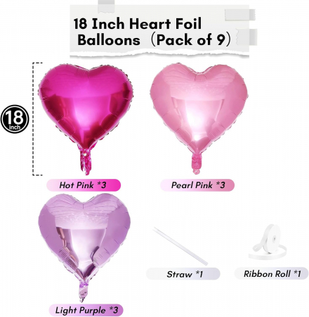 Set 9 baloane inima folie cu heliu, 45cm, 3 inimi mov, 3 inimi roz, 3 inimi fuchsia [5]
