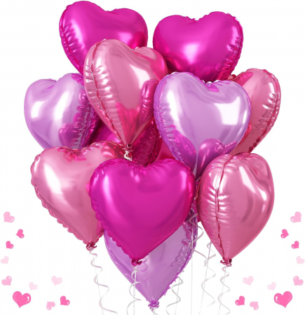Gender Reveal - Set 9 baloane inima folie cu heliu, 45cm, 3 inimi mov, 3 inimi roz, 3 inimi fuchsia