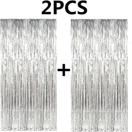 Set 2 bucati perdea decorativa franjuri, din folie, fundal foto pentru petreceri, argintiu metalizat [4]