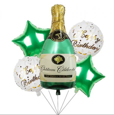 Buchete Baloane Folie - Set 5 baloane folie aniversare adulti, figurina sticla de Sampanie 90cm si baloane folie Happy Birthday