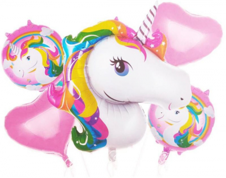 Ziua Copilului - Set 5 baloane folie aniversare copii, figurina Unicorn 90cm si baloane folie inima roz