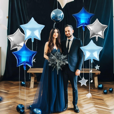 Set 6 baloane stea folie, 45cm, Buchet stelute culoare argintiu, bleu, albastru [1]