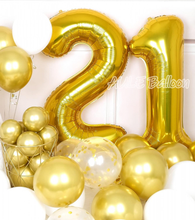 Set 7 baloane folie aniversare 21 ani, folie figurina Tort, zi de nastere, 2 baloane folie rotunde Happy Birthday, 2 stelute aurii si cifre folie aurii [2]