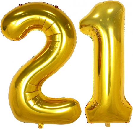 Set 7 baloane folie aniversare 21 ani, folie figurina Tort, zi de nastere, 2 baloane folie rotunde Happy Birthday, 2 stelute aurii si cifre folie aurii [1]