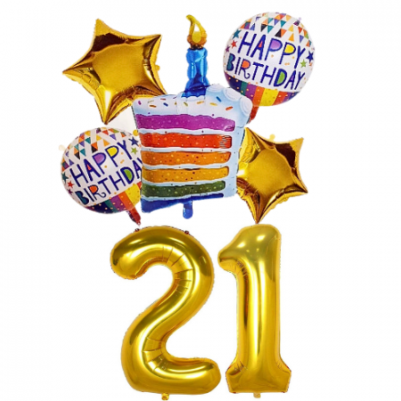Baloane Inscripționate - Set 7 baloane folie aniversare 21 ani, folie figurina Tort, zi de nastere, 2 baloane folie rotunde Happy Birthday, 2 stelute aurii si cifre folie aurii