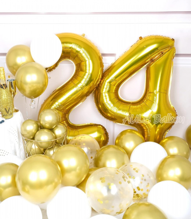 Set 7 baloane folie aniversare 24 ani, folie figurina Tort, zi de nastere, 2 baloane folie rotunde Happy Birthday, 2 stelute aurii si cifre folie aurii [2]