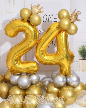 Set 7 baloane folie aniversare 24 ani, folie figurina Tort, zi de nastere, 2 baloane folie rotunde Happy Birthday, 2 stelute aurii si cifre folie aurii [3]