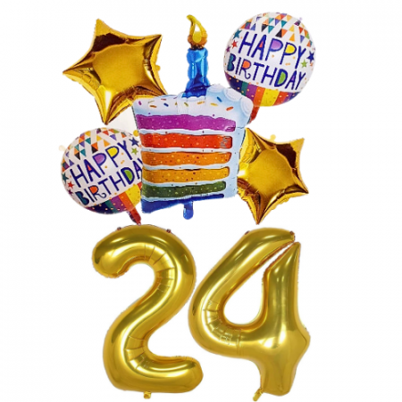 Închirieri - Set 7 baloane folie aniversare 24 ani, folie figurina Tort, zi de nastere, 2 baloane folie rotunde Happy Birthday, 2 stelute aurii si cifre folie aurii