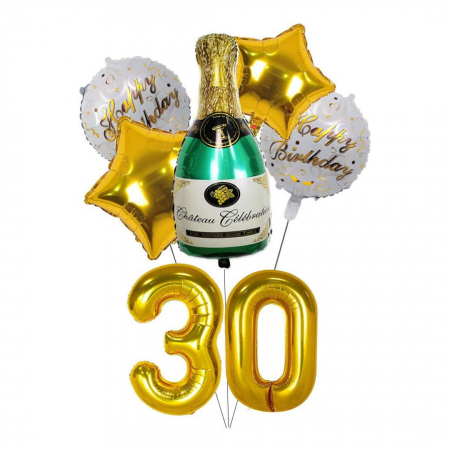 Buchete Baloane Folie - Set 7 baloane folie aniversare 30 ani, figurina sticla de sampanie 90cm si baloane cifre folie aurii