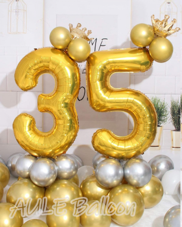 Set 7 baloane folie aniversare 35 ani, folie figurina Tort, zi de nastere, 2 baloane folie rotunde Happy Birthday, 2 stelute aurii si cifre folie aurii [3]
