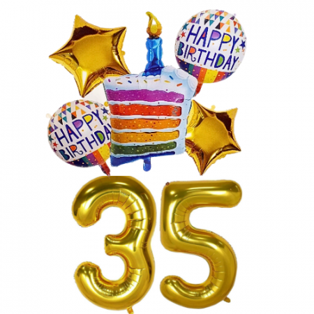 Buchete Gender Reveal - Set 7 baloane folie aniversare 35 ani, folie figurina Tort, zi de nastere, 2 baloane folie rotunde Happy Birthday, 2 stelute aurii si cifre folie aurii