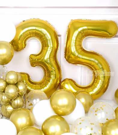 Set 7 baloane folie aniversare 35 ani, folie figurina Tort, zi de nastere, 2 baloane folie rotunde Happy Birthday, 2 stelute aurii si cifre folie aurii [2]
