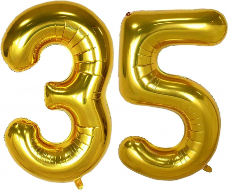 Set 7 baloane folie aniversare 35 ani, folie figurina Tort, zi de nastere, 2 baloane folie rotunde Happy Birthday, 2 stelute aurii si cifre folie aurii [1]