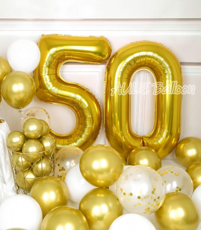 Set 7 baloane folie aniversare 50 ani cu heliu, folie figurina Tort, zi de nastere, 2 baloane folie rotunde Happy Birthday, 2 stelute aurii si cifre folie aurii [5]